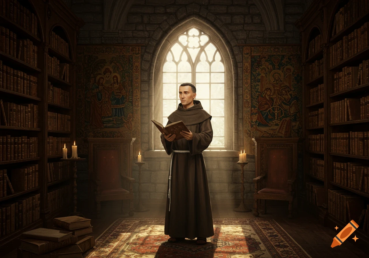 A friar in a brown habit stands holding a book in a dimly lit library with tall bookshelves, under an arched window.