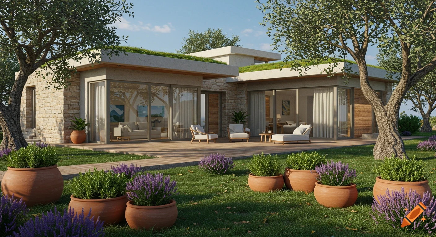 A modern eco-friendly house with a green roof, natural stone, and large glass windows, surrounded by a lush Mediterranean garden with olive trees, lavender, and terracotta planters.