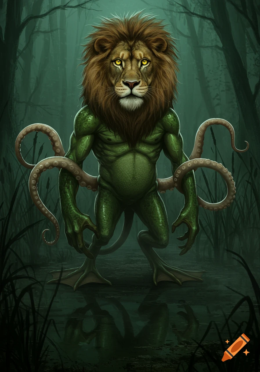 A lion-headed, frog-bodied, web-footed, tentacled creature stands in a dark, misty swamp, digital painting.