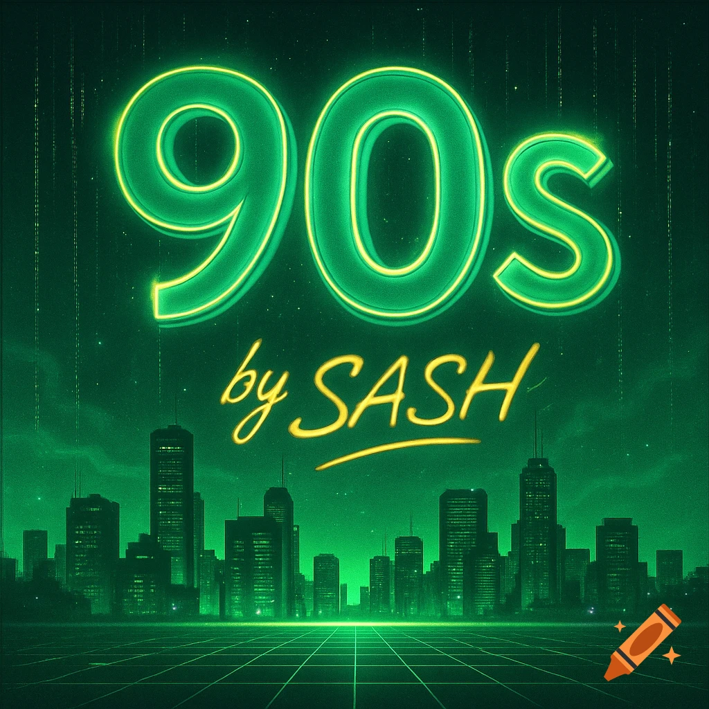 A retro-futuristic album cover with glowing green neon '90s' text above a green cityscape, with 'by SASH' in gold.