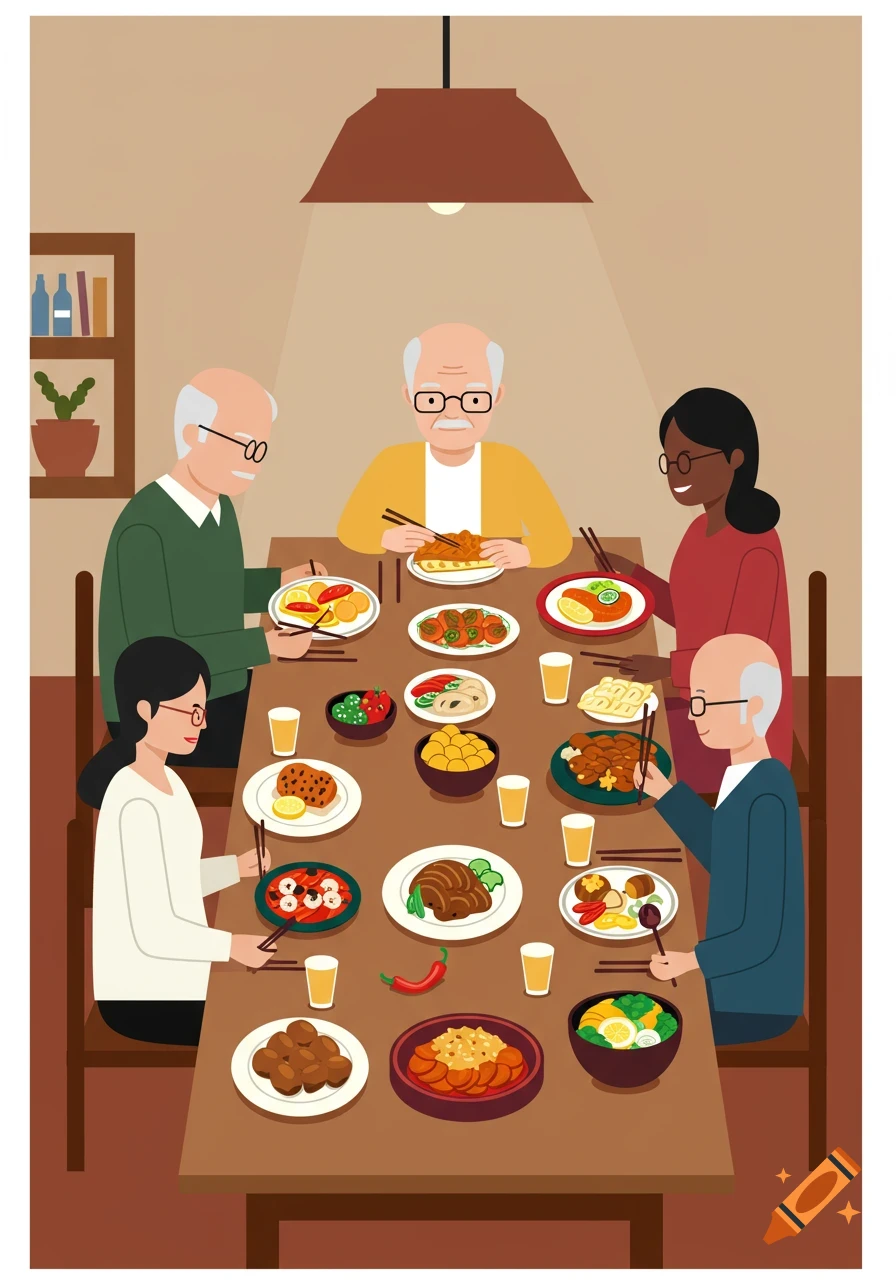Flat illustration of an intergenerational family sharing a meal around a dining table.