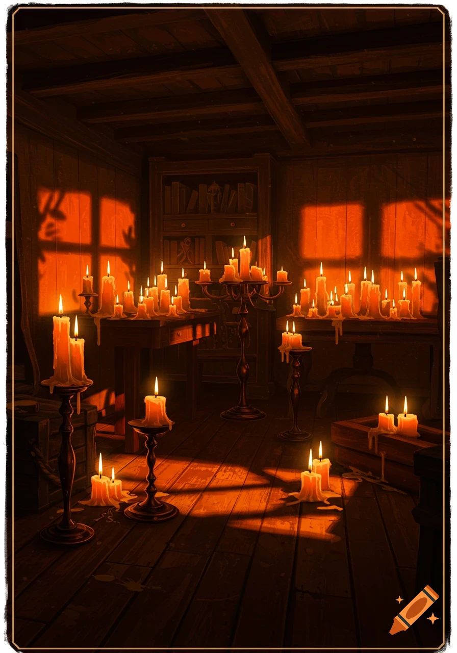 A dimly lit wooden room filled with dozens of lit candles on tables and stands, casting warm orange light and shadows.