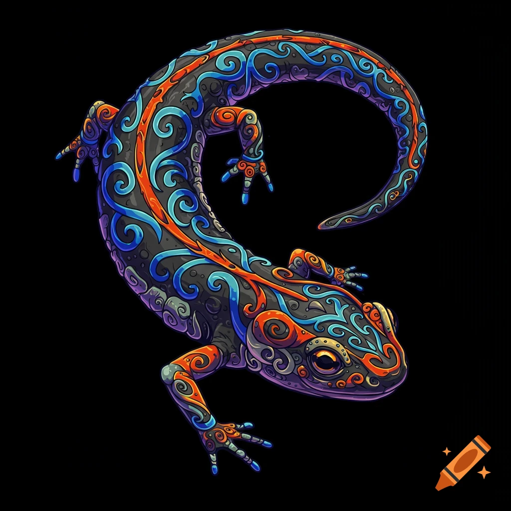 A vibrant, stylized salamander with intricate orange and blue swirl patterns on a black background, rendered in a tattoo art style.