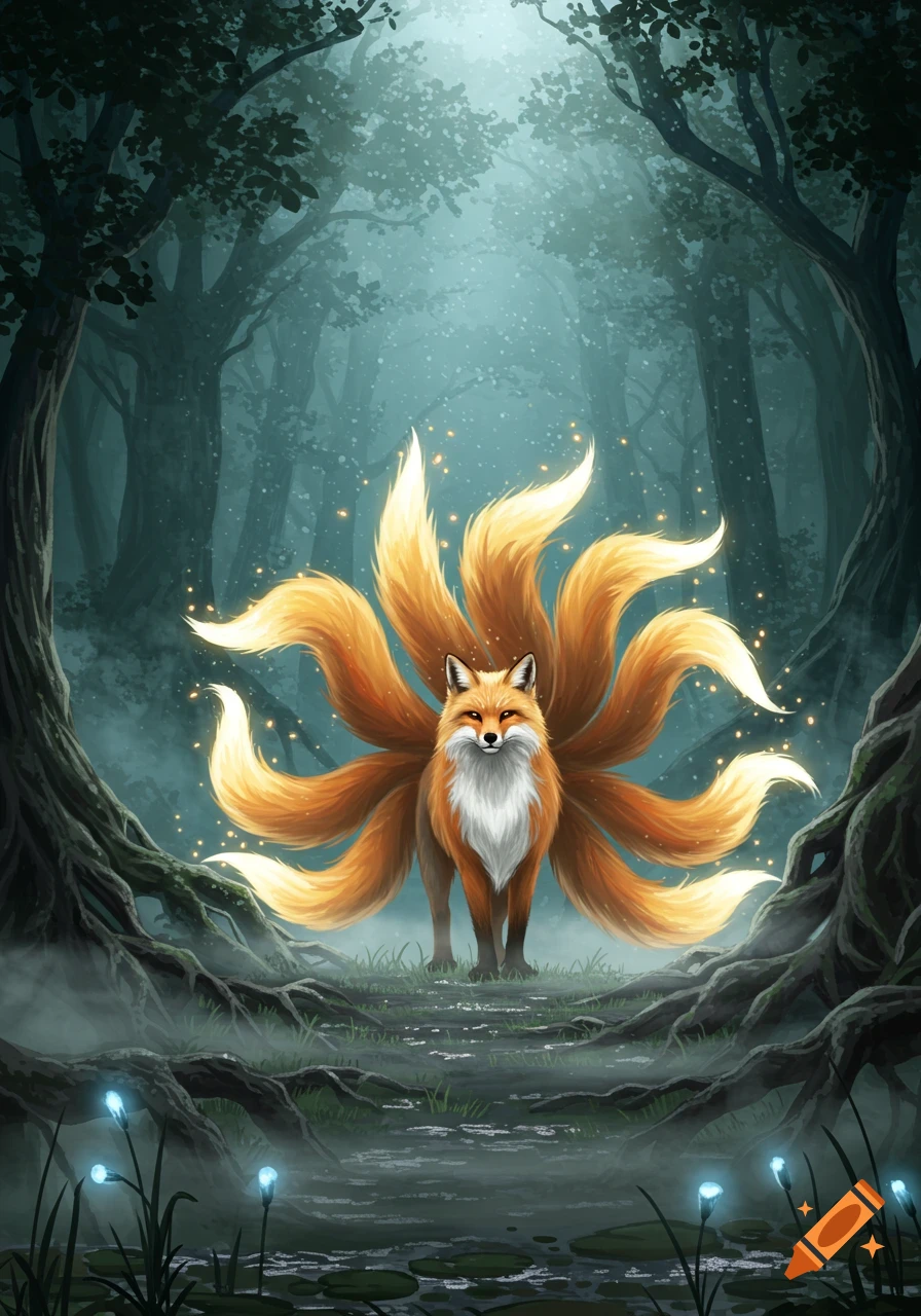 A mystical, golden-orange nine-tailed fox with glowing eyes stands in a dark, misty enchanted forest with glowing blue plants.