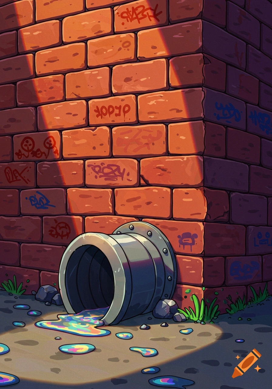 A cartoon-style image of a graffiti-covered brick wall and a sewer pipe dripping iridescent liquid onto the ground in an urban setting.