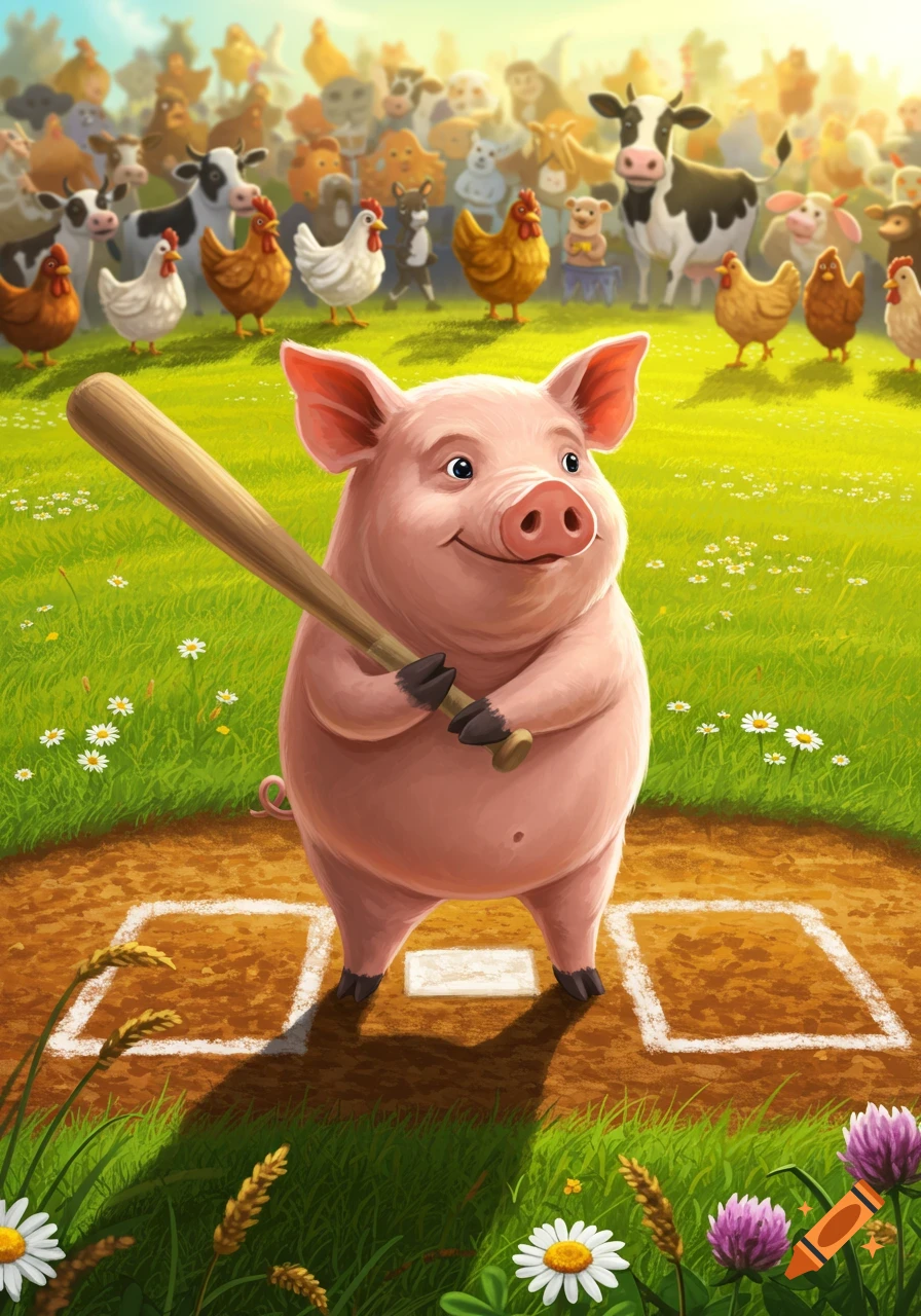 A cheerful cartoon pig holds a baseball bat on a dirt field with white bases, while an audience of cartoon farm animals watches from a grassy hill on a sunny day.