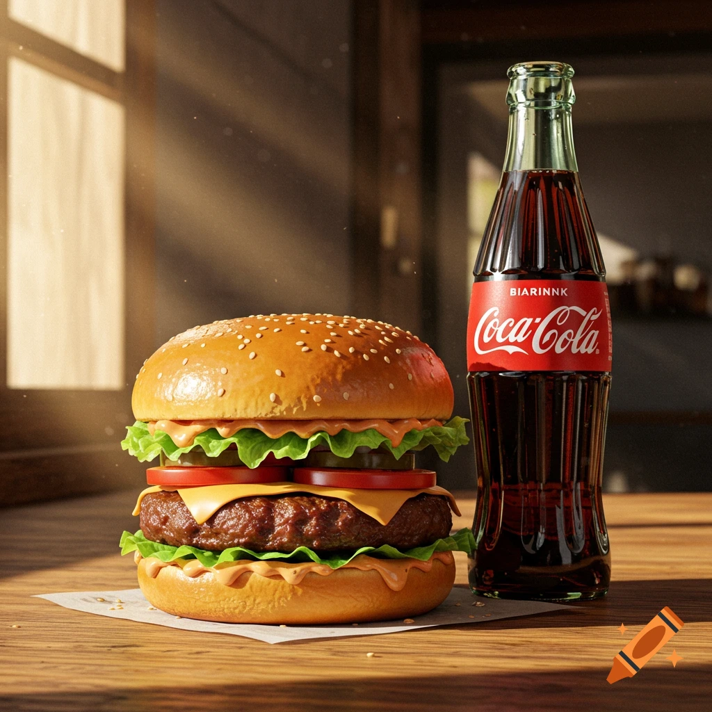 Photorealistic hamburger with a classic Coca-Cola bottle on a wooden table, lit by sunlight.