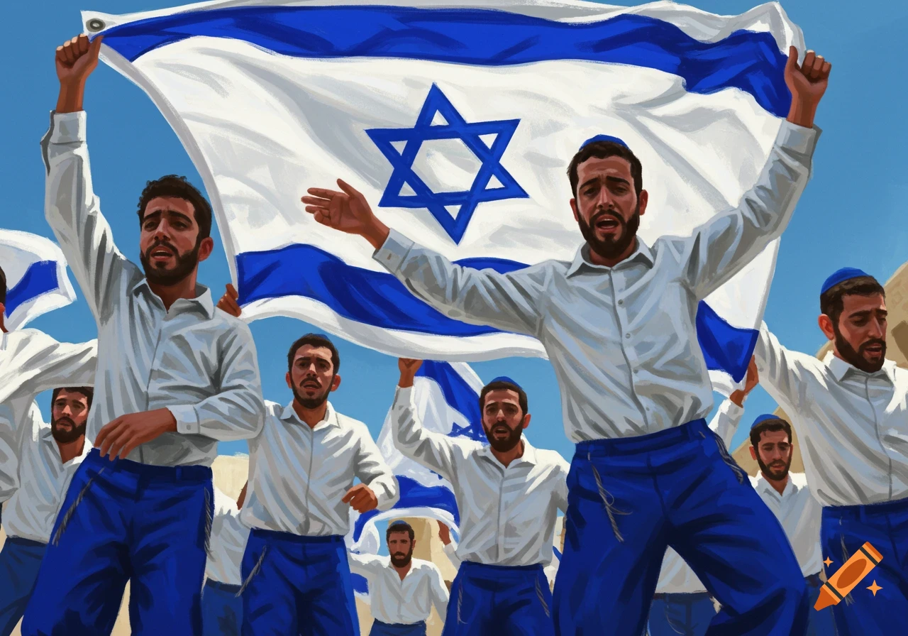 Men in white shirts and blue pants with yarmulkes celebrating, holding up large Israeli flags under a blue sky, painted style.