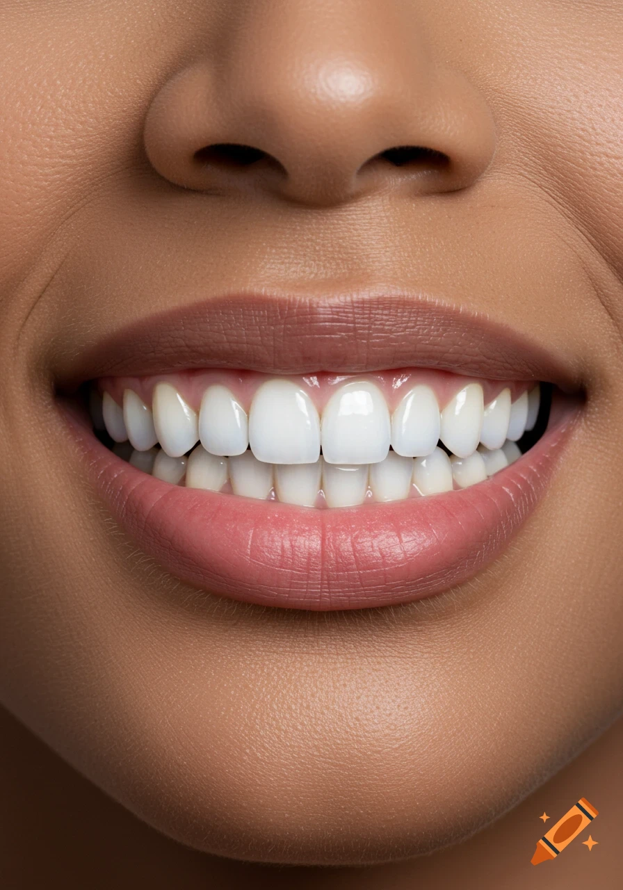 Close-up of a smiling mouth with perfect white laminated teeth and brown skin.