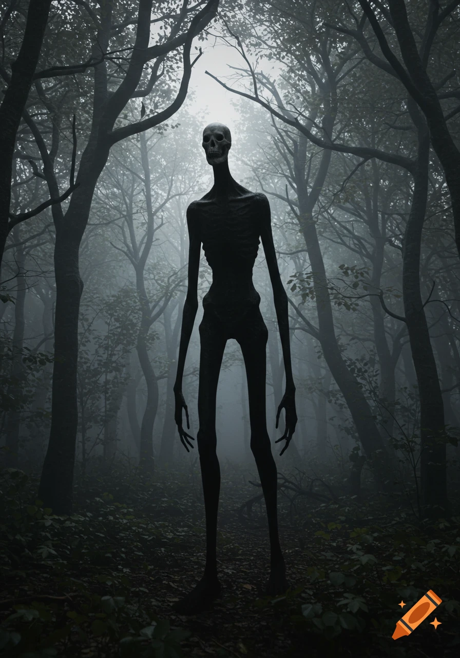 A tall, slender, skeletal monster with a skull for a head stands in a dark, misty forest.