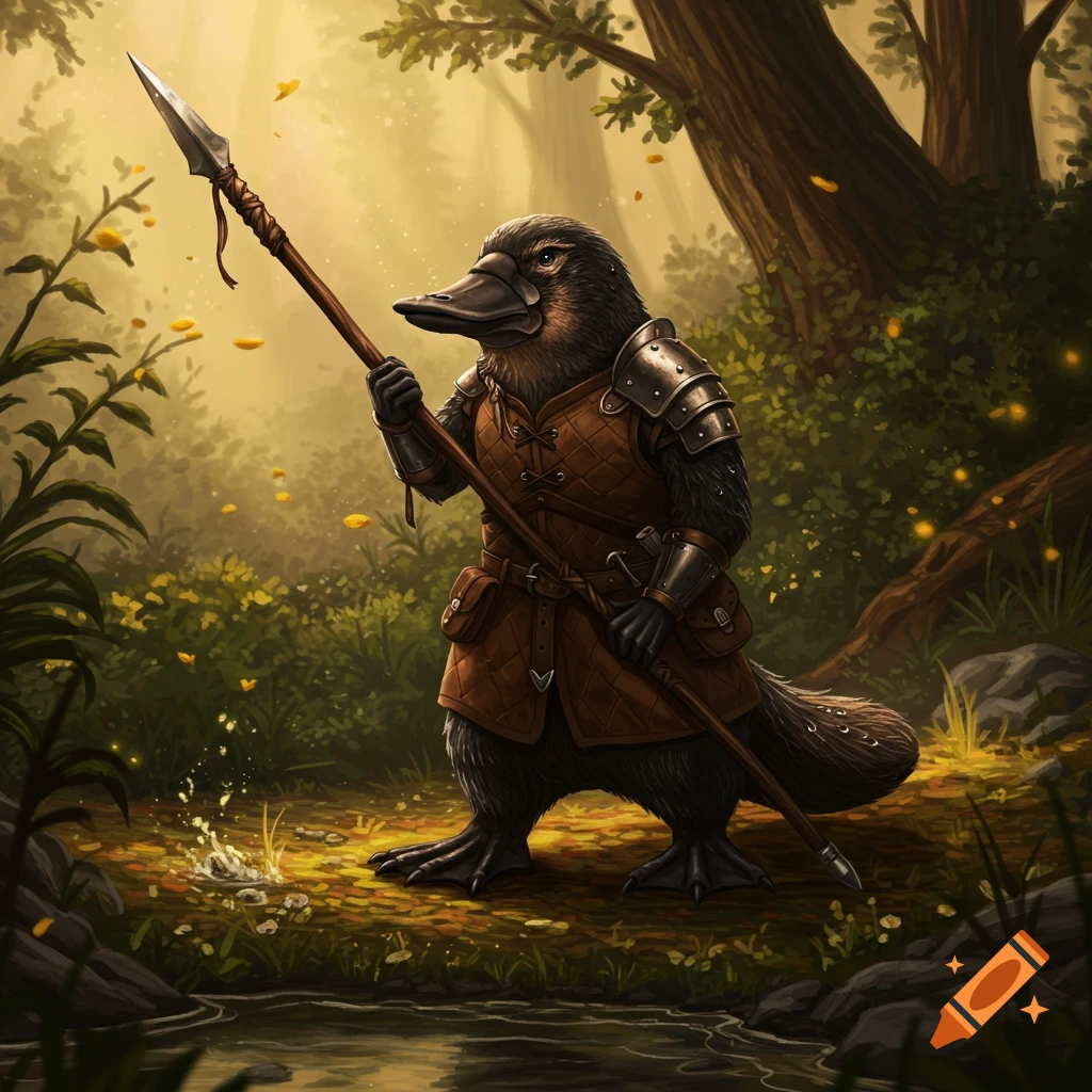 A platypus warrior in leather and metal armor holds a spear in a glowing, misty fantasy forest with a stream.