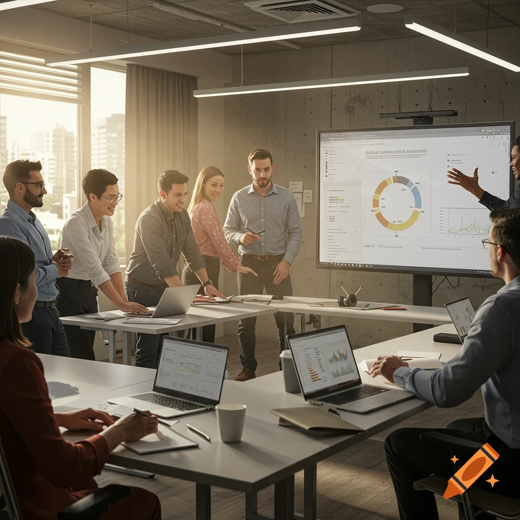 Professionals discuss data and charts during a business meeting in a modern office.