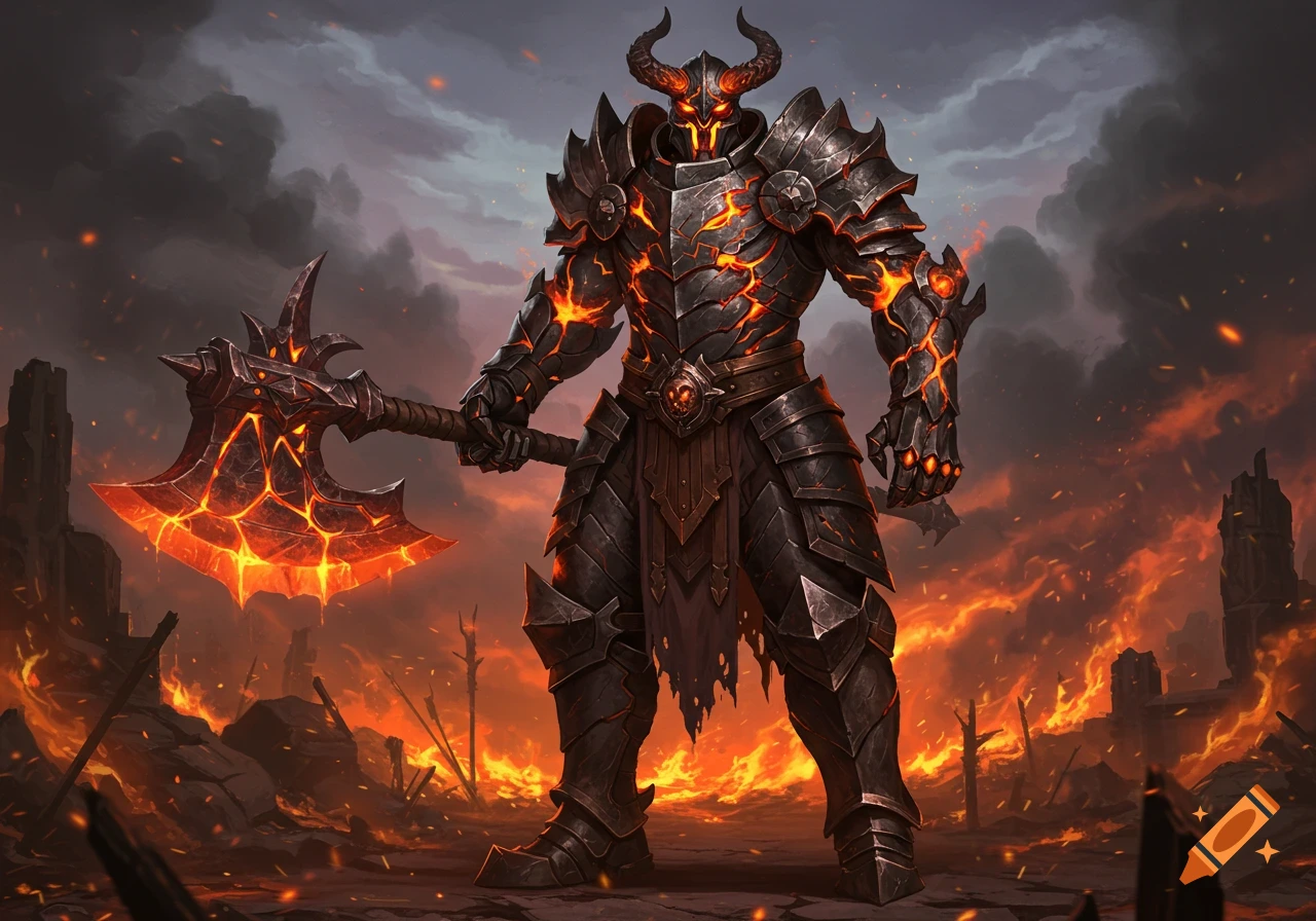 A tall, muscular warforged barbarian in glowing molten armor wields a massive greataxe in a fiery, smoke-filled landscape.