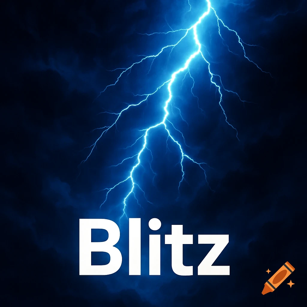 A bright blue lightning bolt strikes down against a dark, cloudy sky with the word Blitz in white text below.