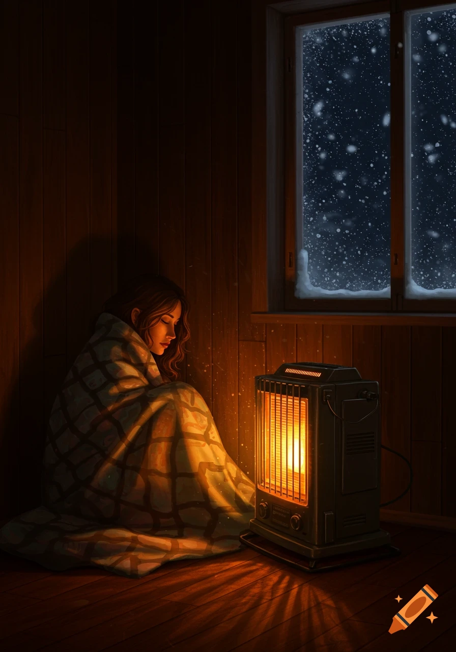 A woman wrapped in a blanket warms herself by a heater in a dark, cozy room as snow falls outside a window at night, in a painterly style.