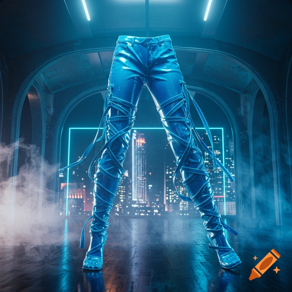 Shiny blue strapped pants and heels float in a dark, neon-lit futuristic city environment.