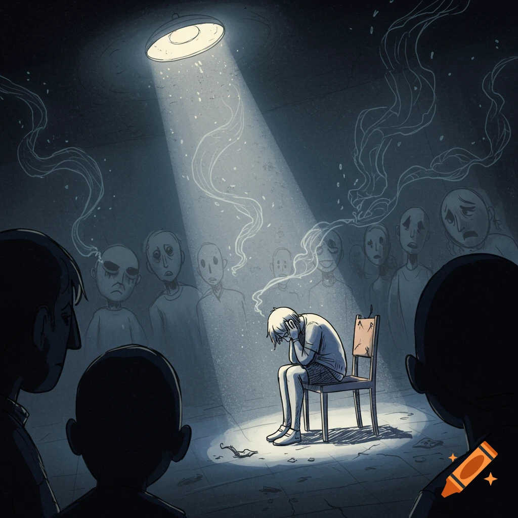 A person sits slumped on a chair under a single spotlight, surrounded by shadowy, faceless figures in a dark, illustrative style.