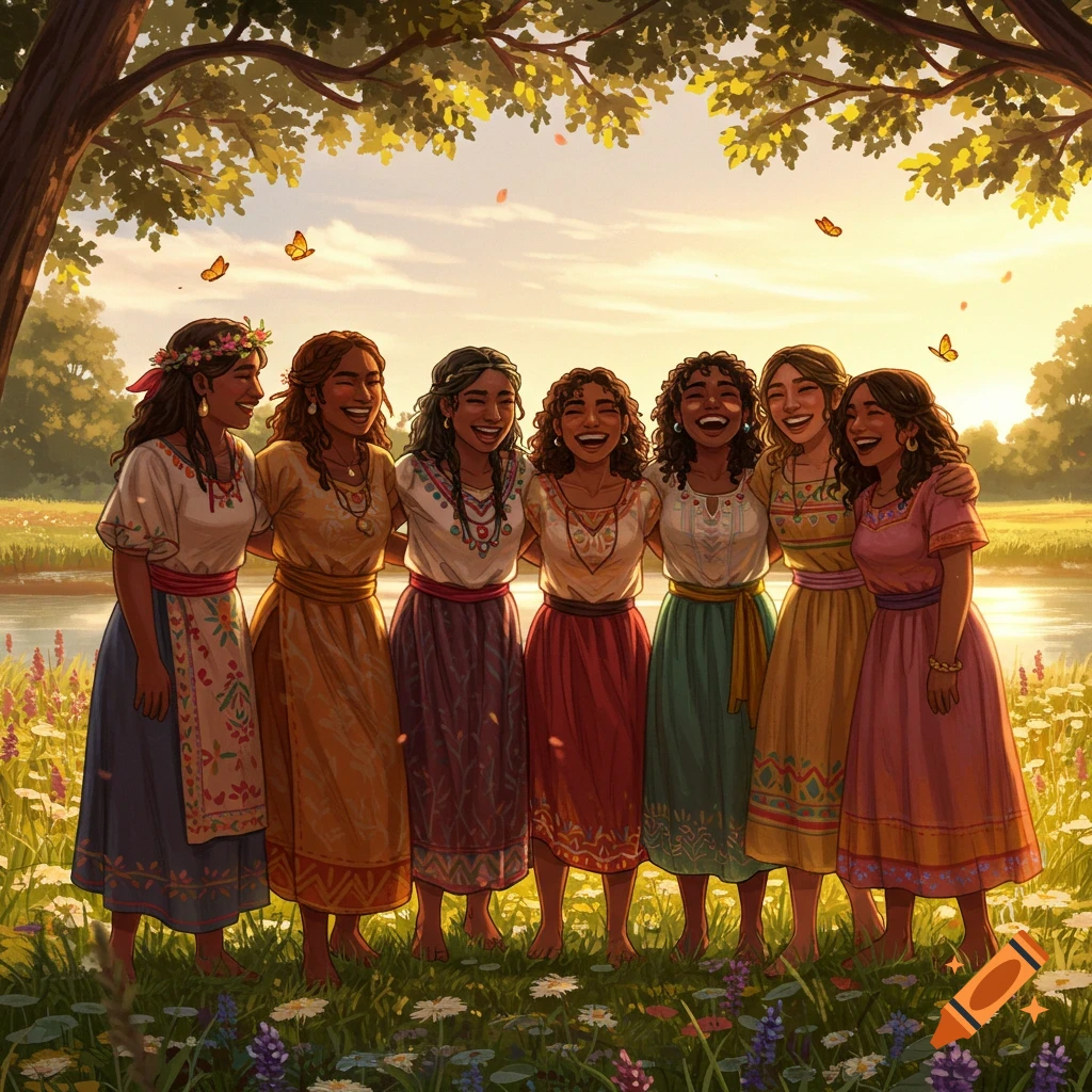 Seven smiling women embrace in a field of wildflowers by a river at sunset, with a large tree overhead. Illustrated style.