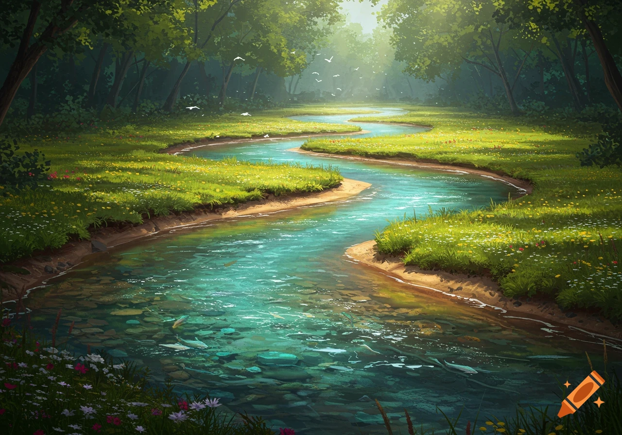 A winding river flows through a lush, sunlit forest clearing with green grass and wildflowers, in a digital painting style.