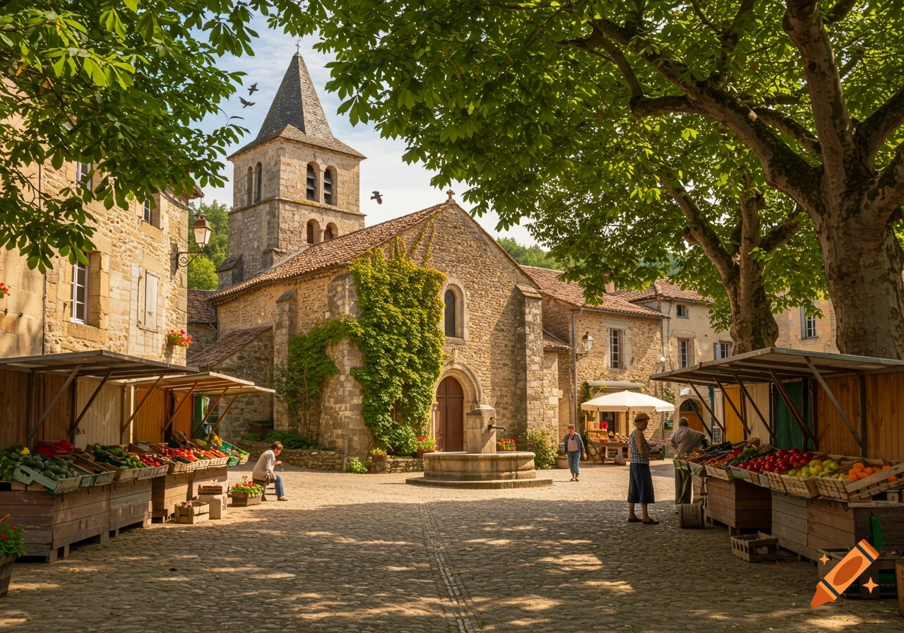 A bustling village square features a stone church, market stalls with produce, and people under leafy trees on a sunny day.