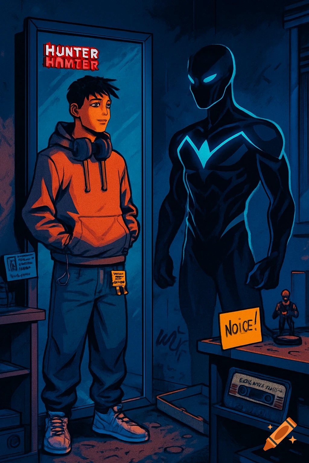 A young man in street clothes with headphones stands before a mirror, his reflection a muscular, glowing blue superhero. The room is messy with comic references.