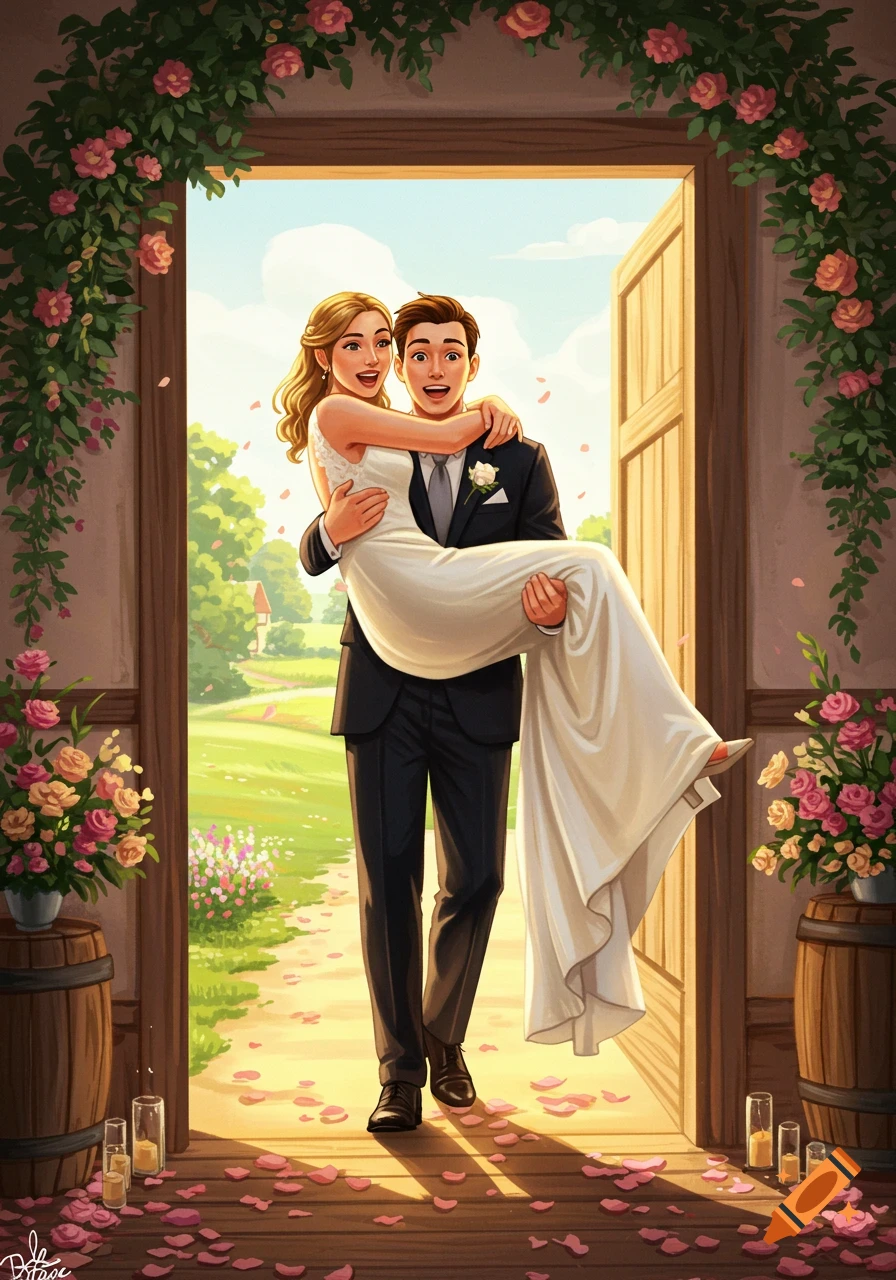 A happy groom carries his bride over a floral-decorated doorway threshold into a sunny, green landscape in a vibrant illustration.