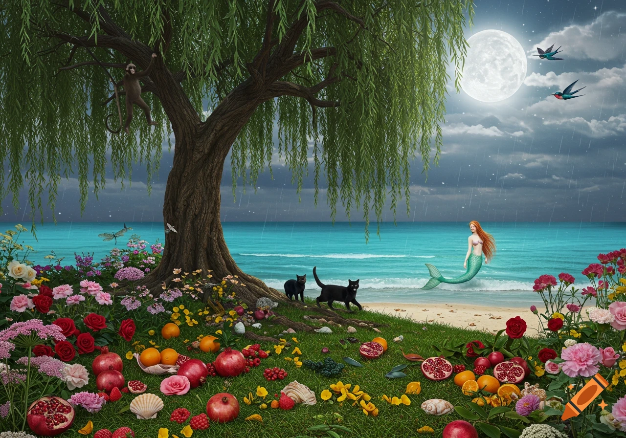 A fantastical moonlit beach scene with a large willow tree, monkey, two black cats, a mermaid, birds, lush flowers, and scattered fruits.