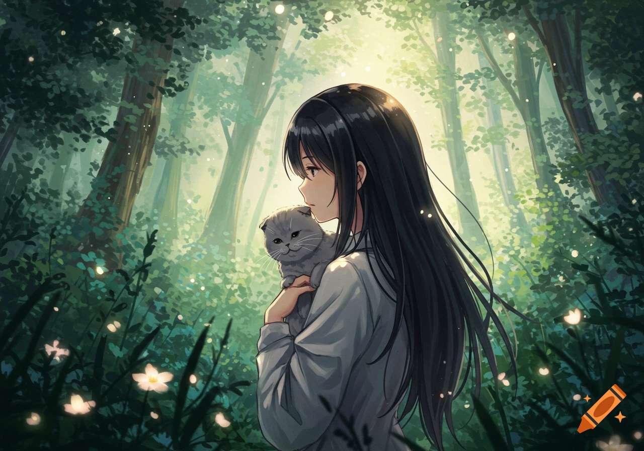 Anime girl with long black hair holding a grey Scottish Fold cat in a magical forest with glowing lights.