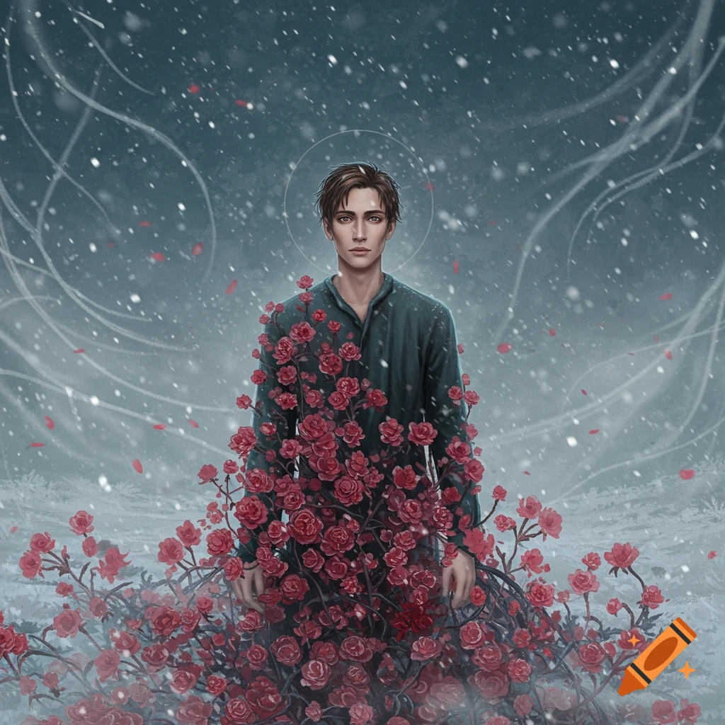 An illustrated portrait of a handsome man with amber eyes, standing amidst red roses and falling snow.