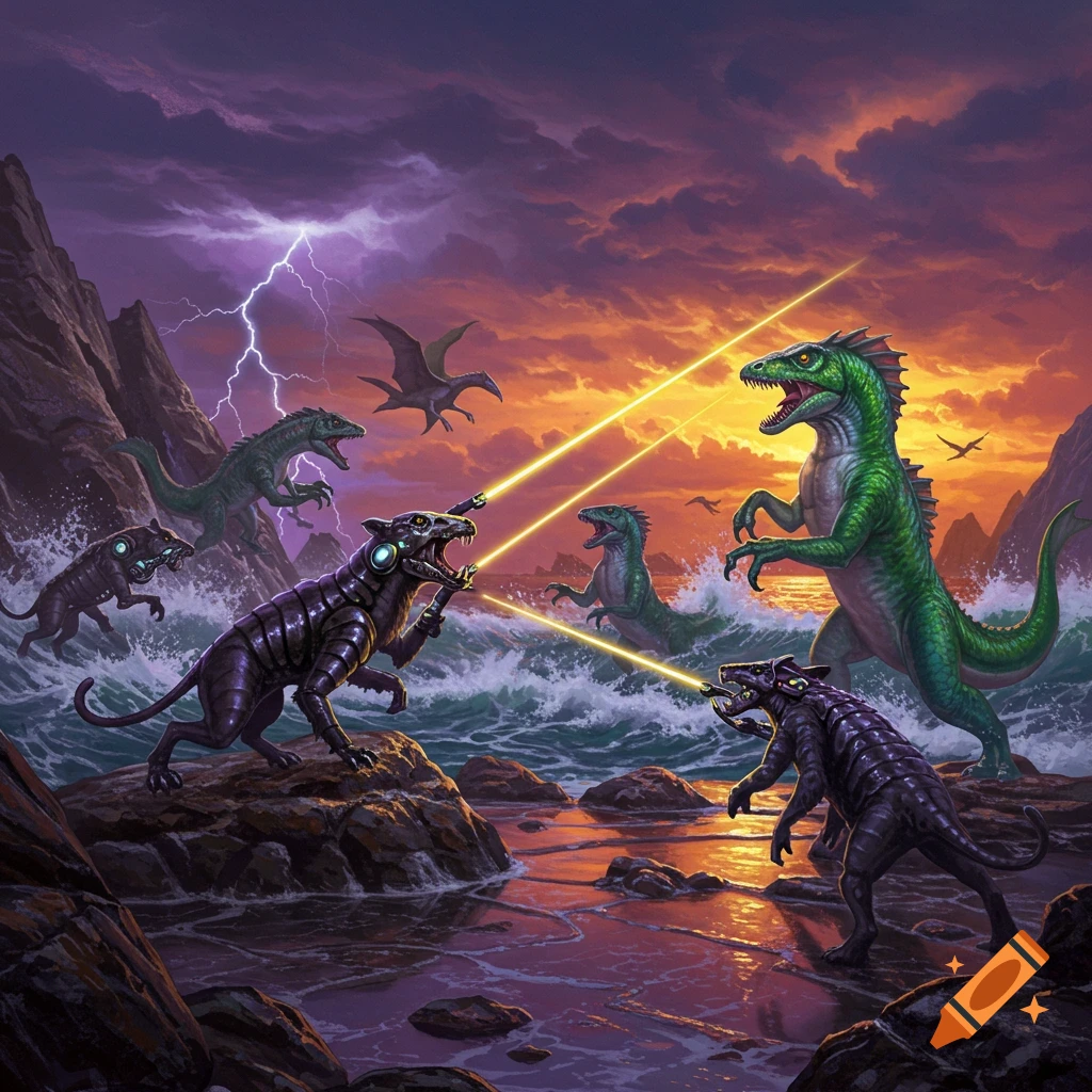 Detailed fantasy art of armored, cat-like creatures firing lasers at green bipedal dinosaurs on a rocky coast at sunset with lightning.