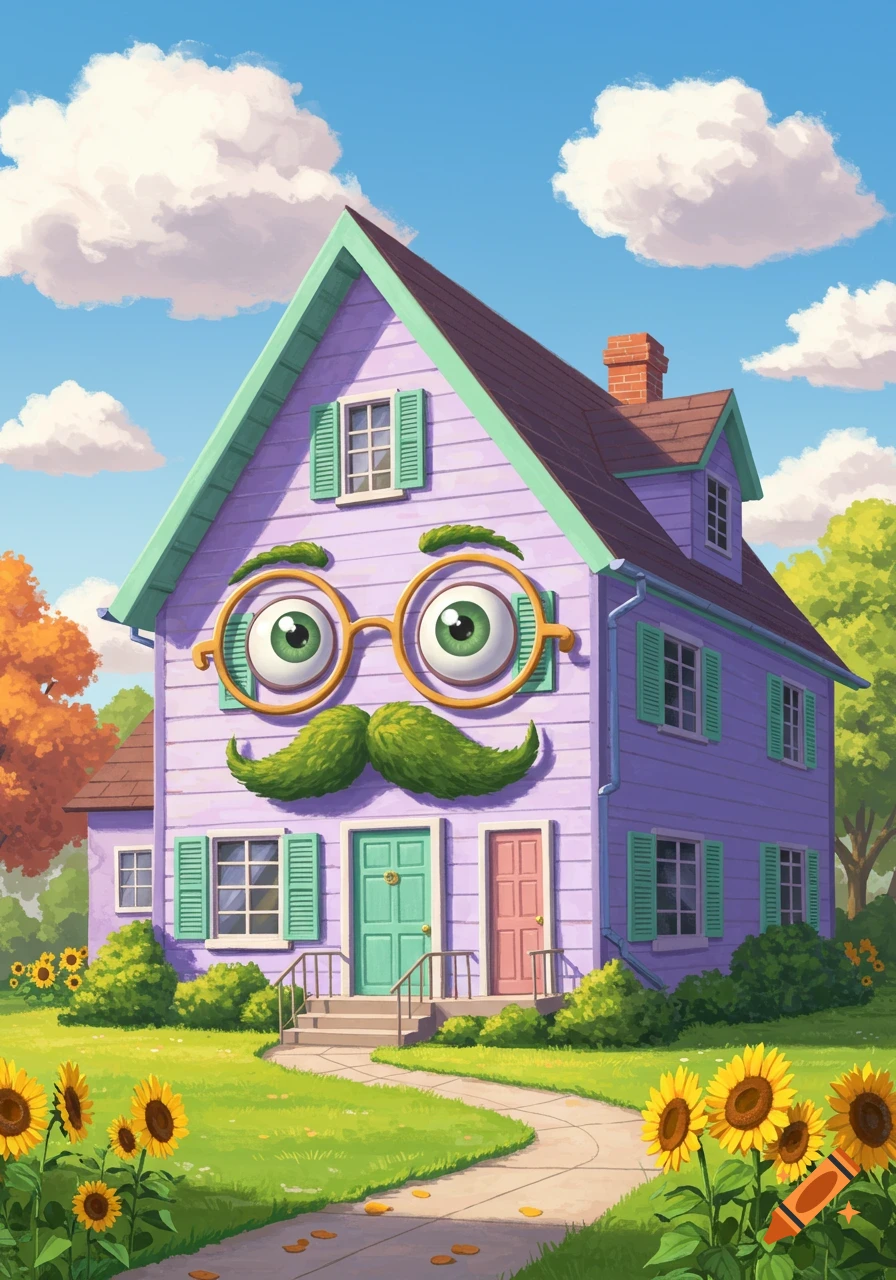 A whimsical purple cartoon house with large green eyes, orange glasses, and a green bushy mustache in a sunny garden with sunflowers.