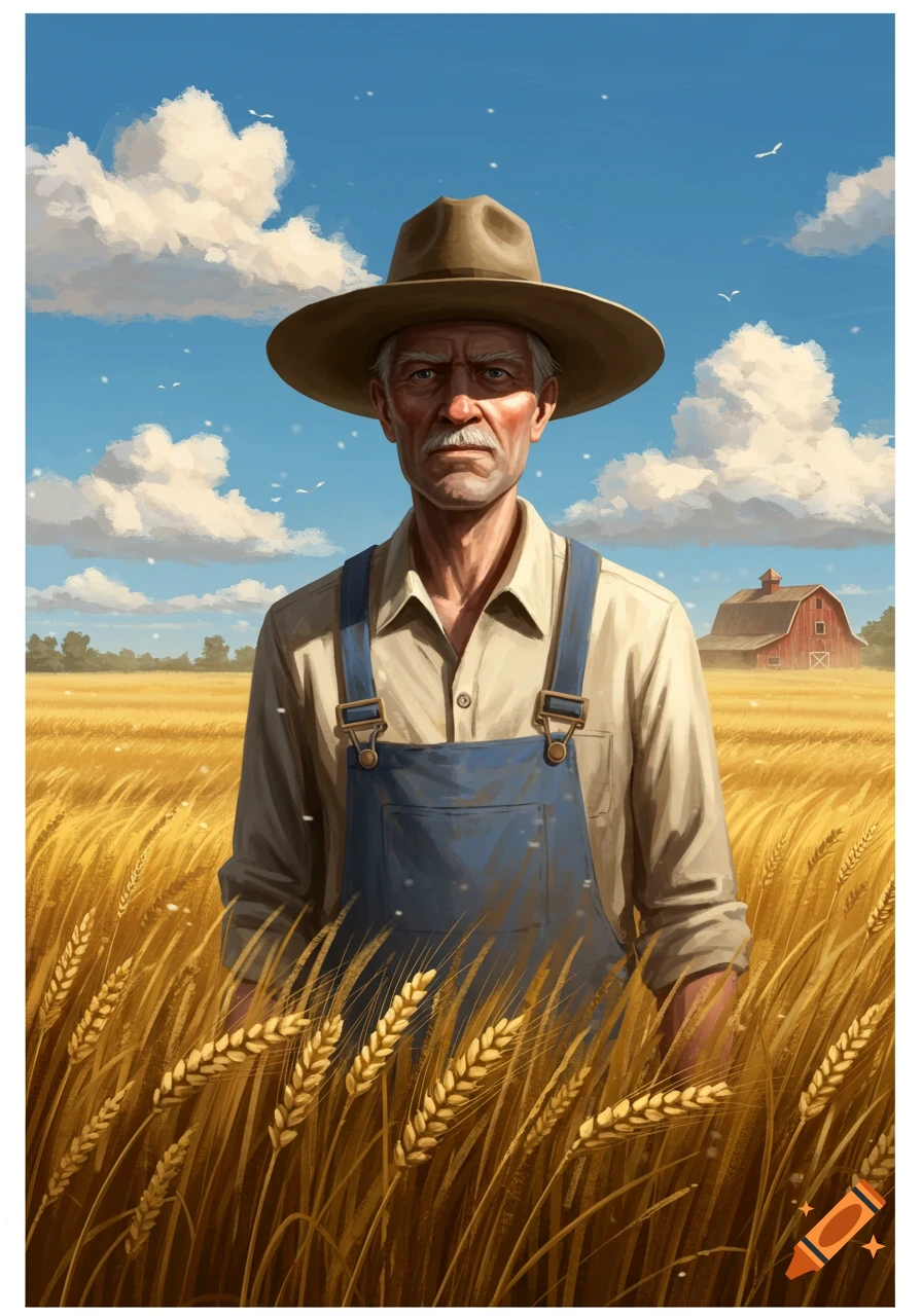 Illustrative portrait of an old farmer in a hat and overalls, standing in a golden wheat field with a red barn and blue sky.