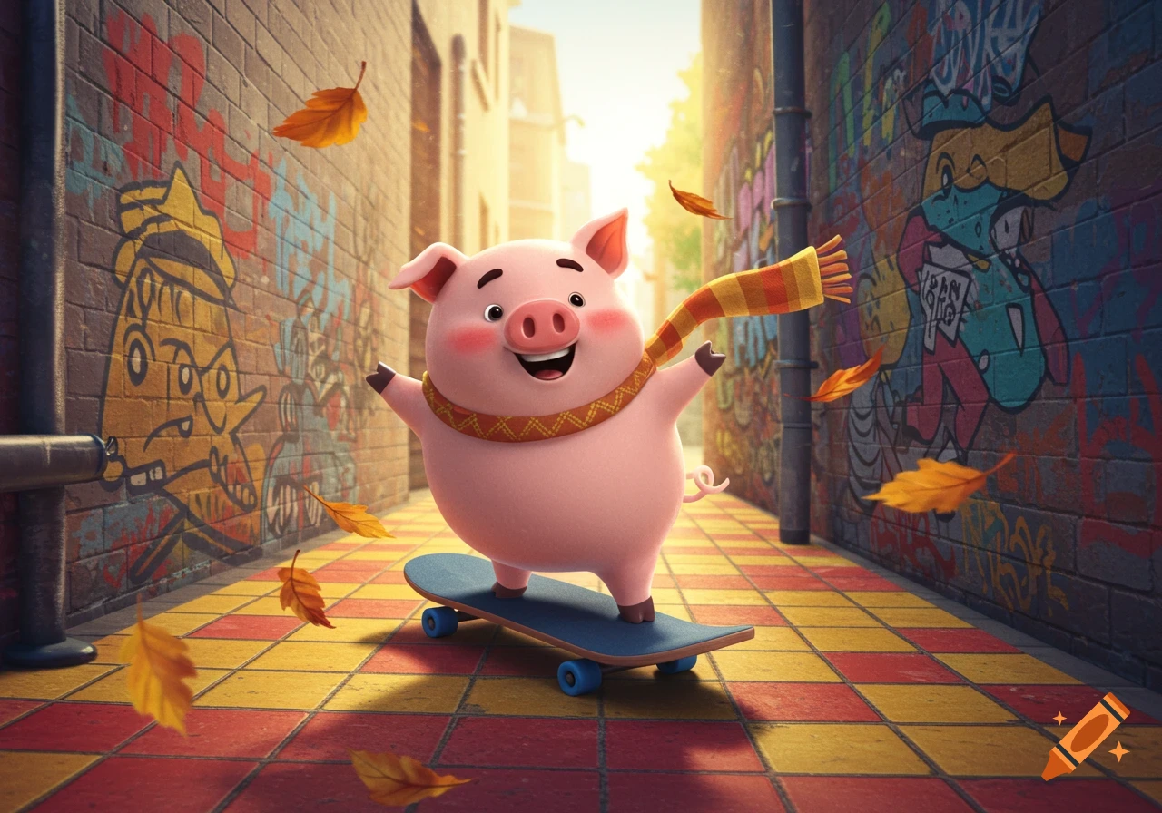 A happy, plump pink cartoon pig with a scarf smiles while skateboarding down a graffiti-covered alley, with autumn leaves falling around it.