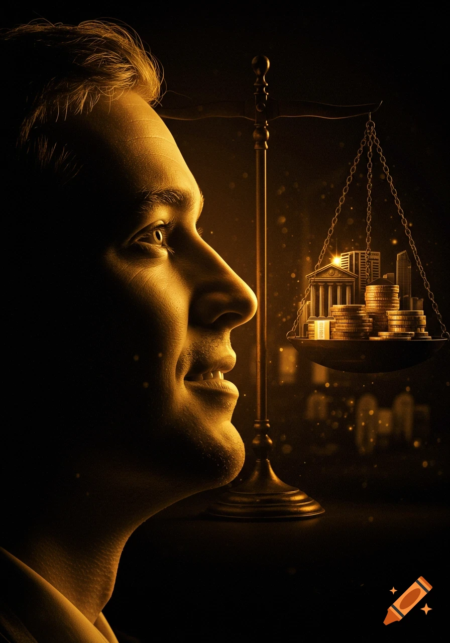 Profile of a man illuminated by warm light, looking at a balance scale holding money and buildings, in a dark, dramatic setting.