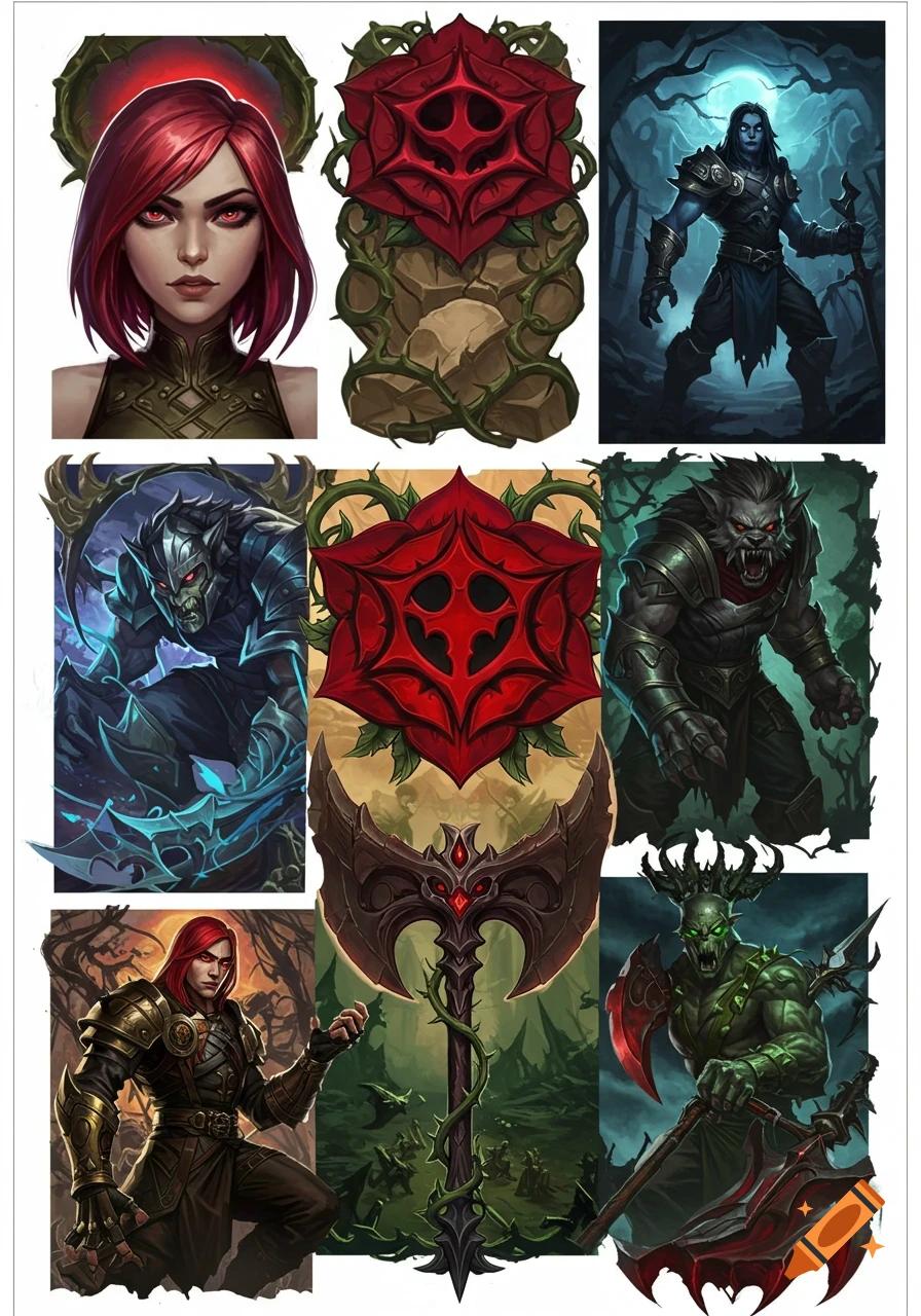 A collage of stylized League of Legends characters and symbols including Briar, Warwick, Darius' axe, and the Black Rose emblem.