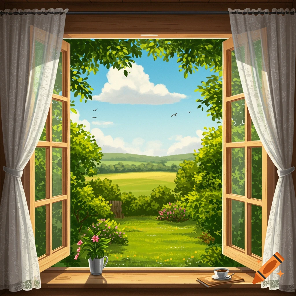 Vibrant illustration of a summer landscape seen through an open window with white curtains. Green fields, trees, blue sky, and a potted plant on the wooden sill.