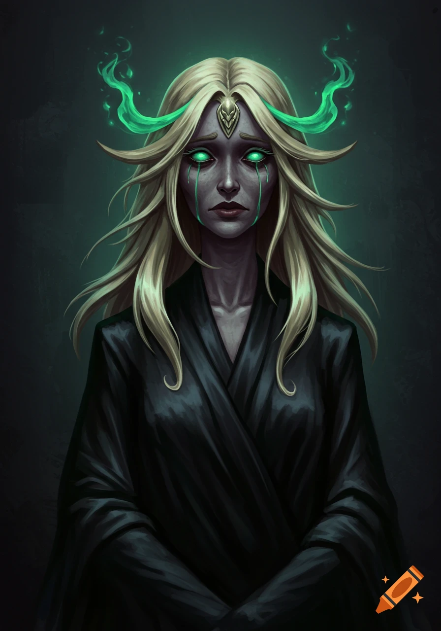 Dark fantasy portrait of a pale woman with bone-colored hair, glowing green eyes, green tears, and a distressed expression, wearing black robes.