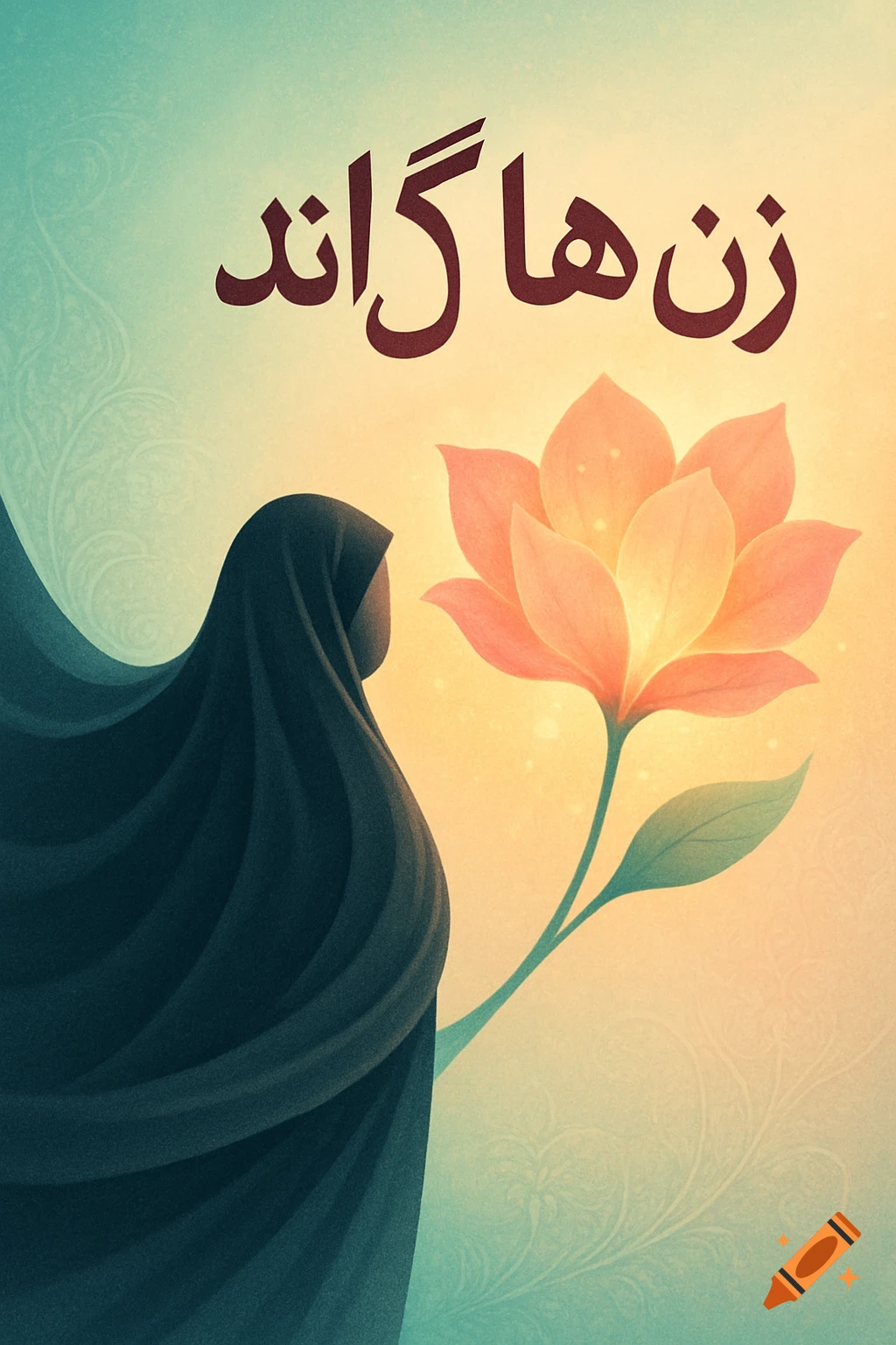 Illustration of a woman in a black hijab, her fabric transforming into a glowing pink lotus flower. Pastel background, with 'زن‌ها گل‌اند' text.