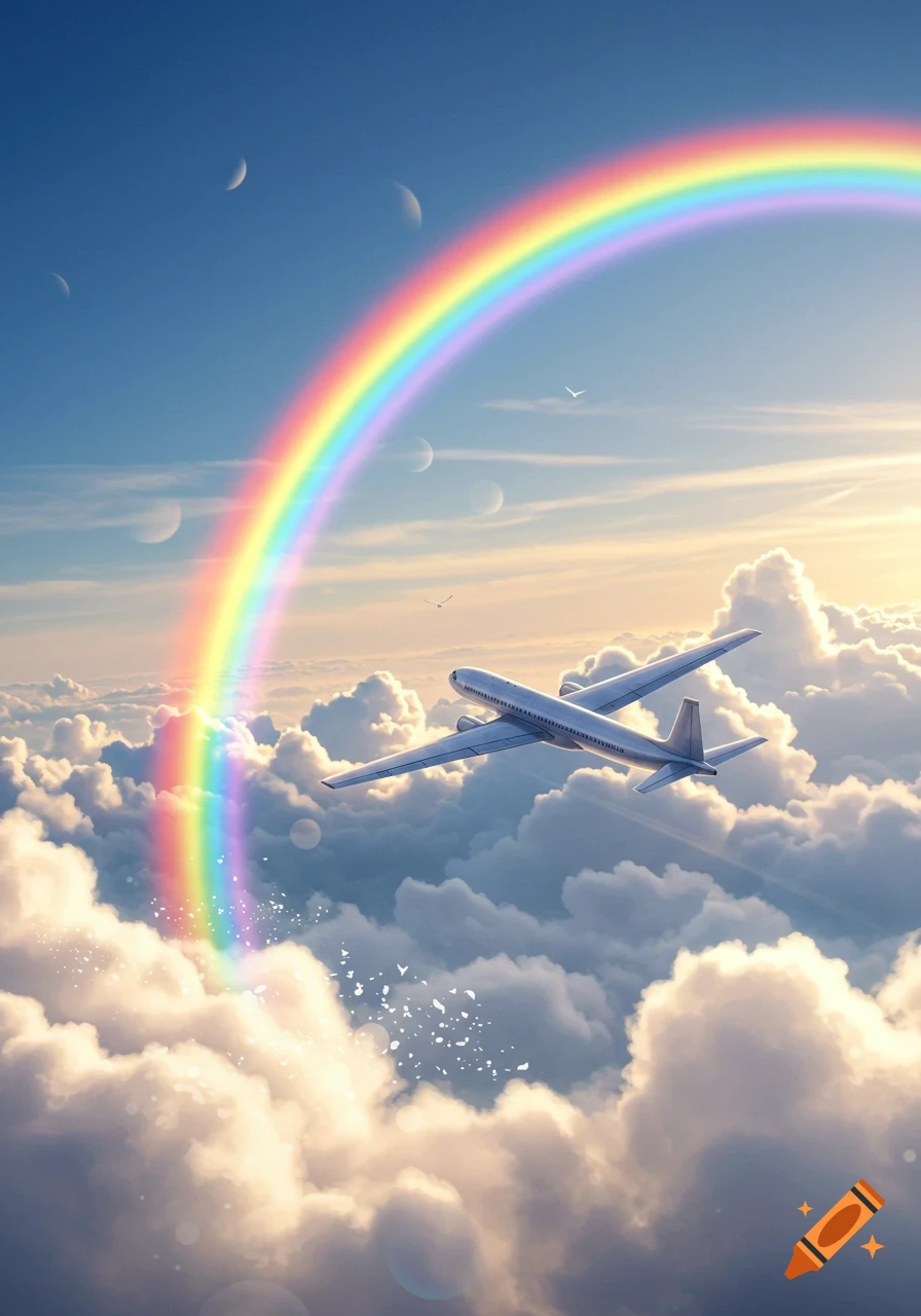 A photorealistic airplane soars above fluffy white clouds, passing through a vibrant rainbow in a blue sky with multiple moons.