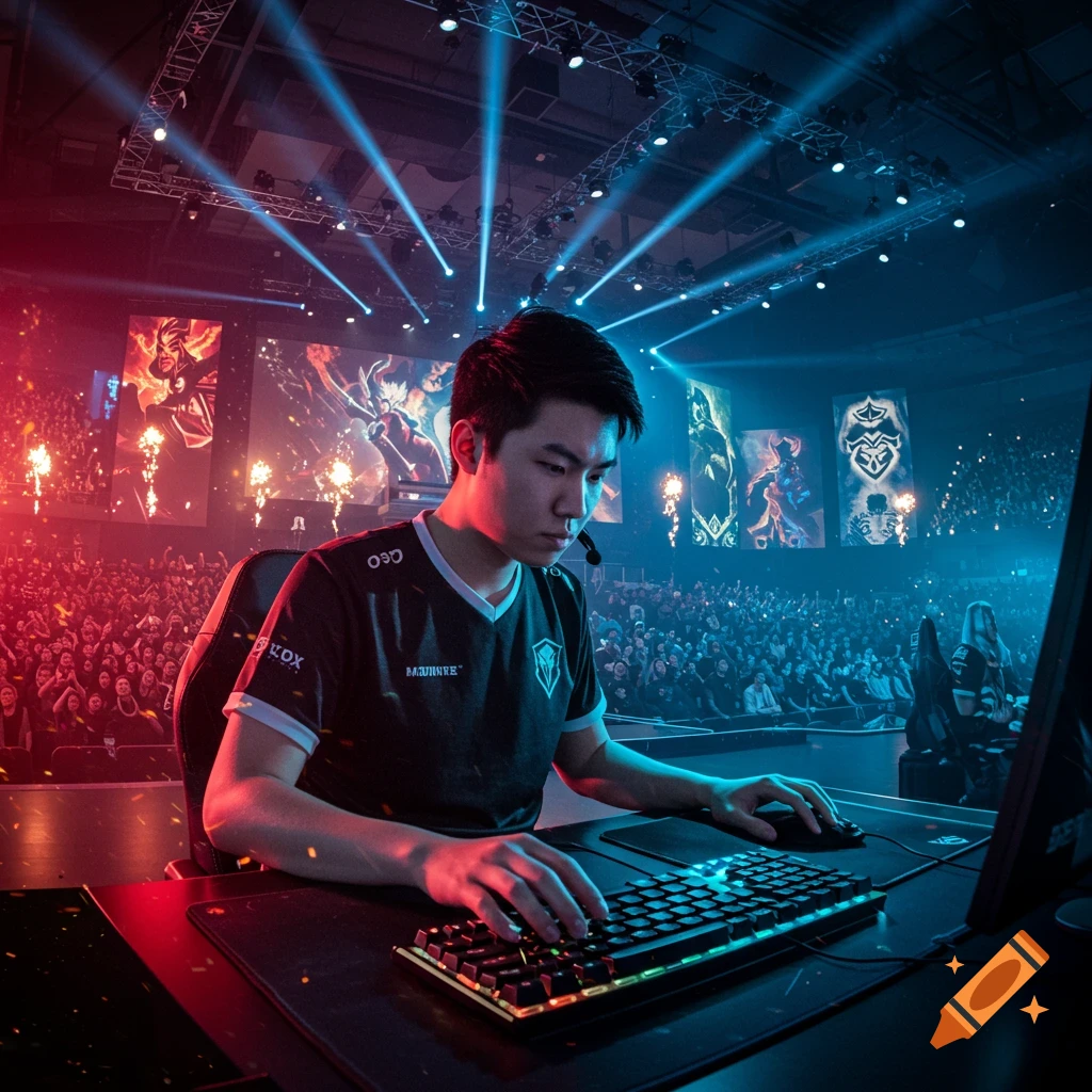 A male esports player intensely playing a video game on a lighted stage in front of a large cheering crowd.