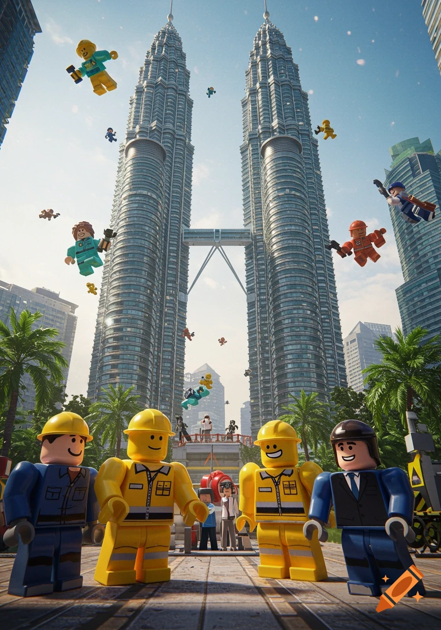 Lego-style figures, including construction workers and a businessman, stand in front of the Petronas Twin Towers with flying figures in the sky.