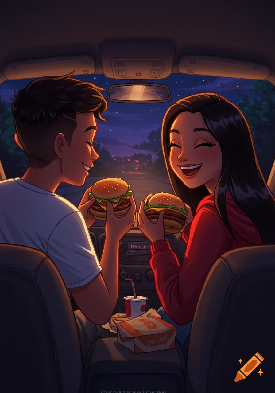Cartoon of a happy couple eating burgers in a car at night, viewed from the back seat.