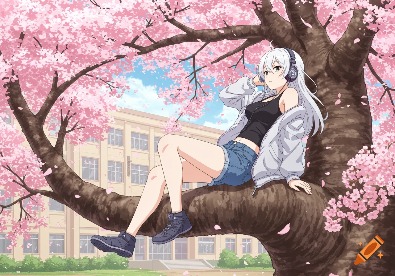 Anime girl with white hair, headphones, in a tank top and shorts, sitting on a cherry blossom tree branch outside a school.