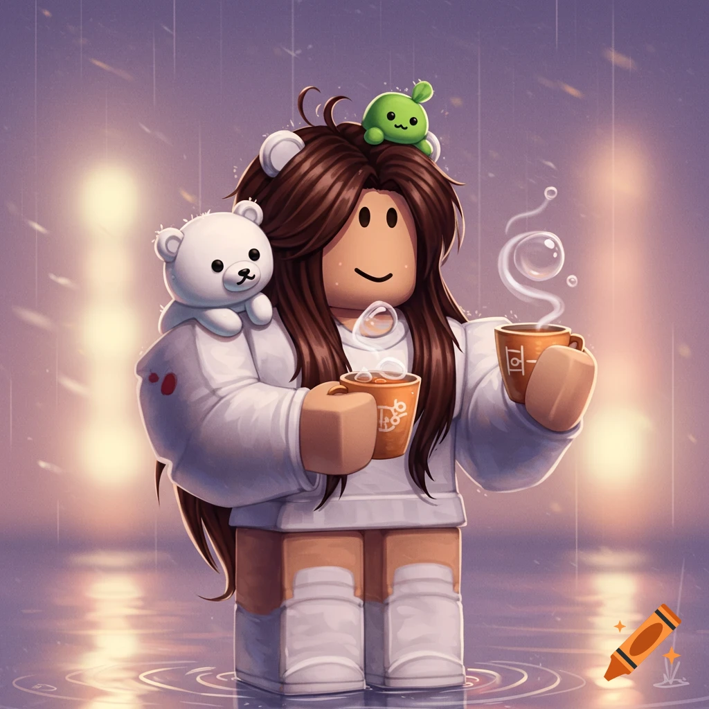 A Roblox-style avatar with long brown hair, holding two mugs, with a white bear on her shoulder and a green plush on her head, standing in a rainy, pastel-lit scene.