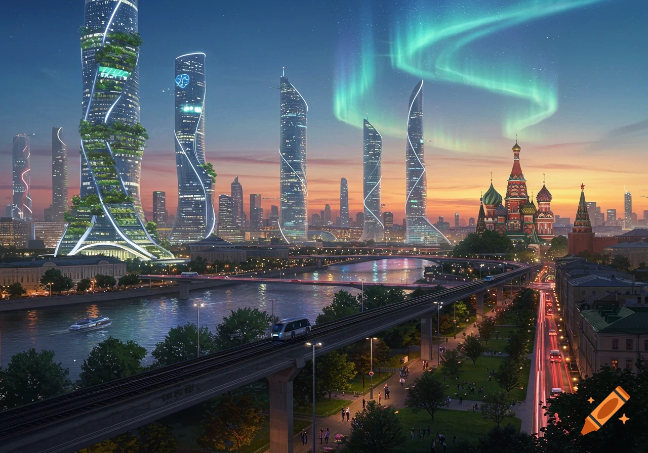A futuristic Moscow skyline at dusk, with modern skyscrapers, a river, and St. Basil's Cathedral under the aurora borealis.