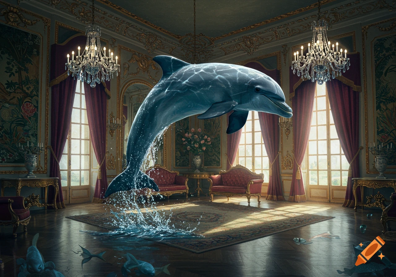 A photorealistic dolphin leaps from a splash of water onto the wooden floor of a lavish, ornate salon. Small fish are on the floor.