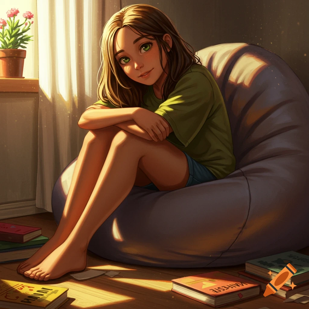 An anime-style girl with brown hair and green eyes sits barefoot on a bean bag chair, surrounded by books, bathed in sunlight from a window.