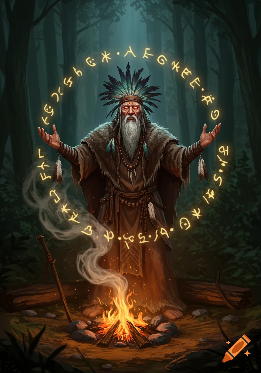 A wise old shaman with a feather headdress stands in a dark forest, arms raised, surrounded by a glowing circle of mystical symbols above a campfire.