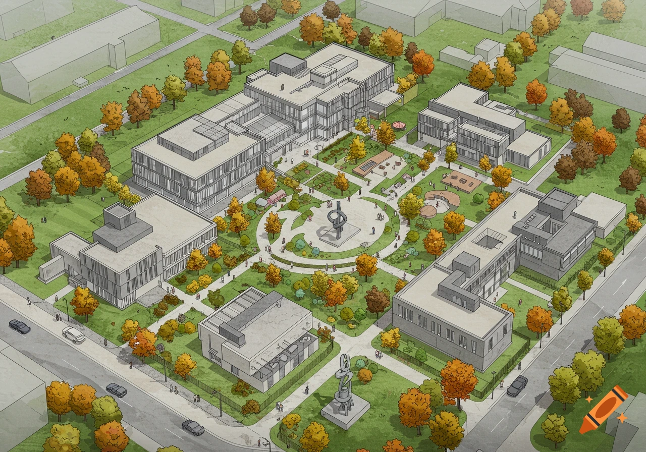 Isometric architectural illustration of a college campus with multiple buildings, courtyards, trees with autumn foliage, and roads.