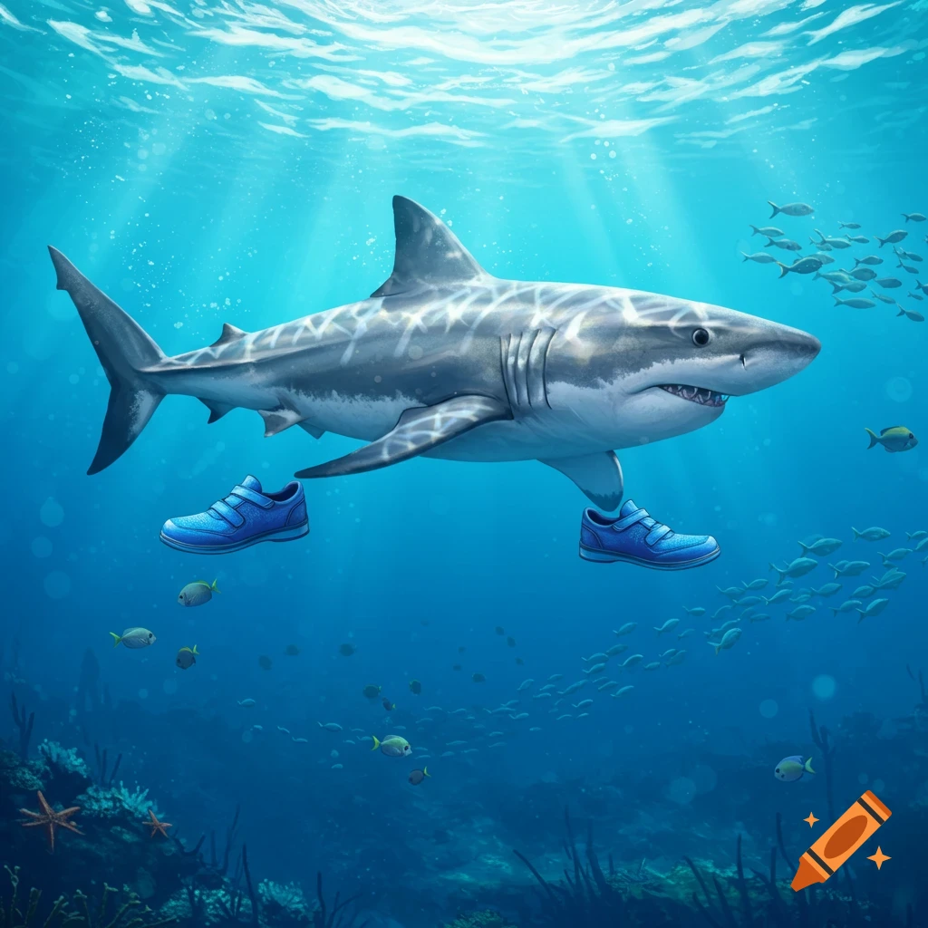 A realistic shark swims underwater wearing bright blue athletic shoes, surrounded by schools of small fish and coral.
